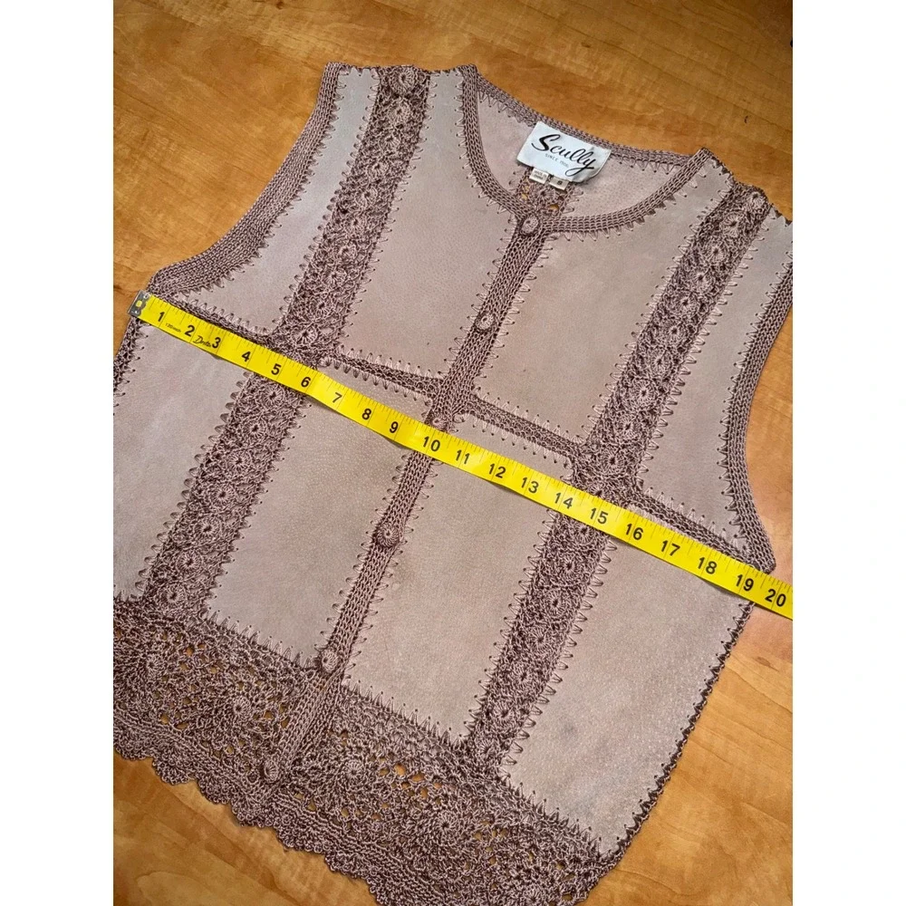 Scully Leather Crochet Knit Vest Mauve Tan Western Boho Suede Button Front Small
